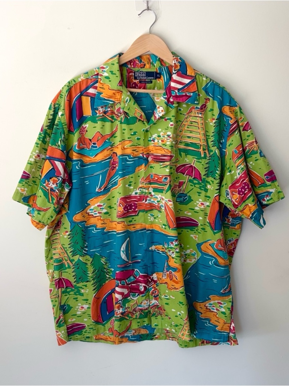 Vintage Polo Ralph Lauren Colorful Shirt Men’s XL Hawaiian Green AOP Lake Summer